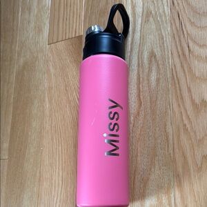Tervis Pink Metal Water Bottle with Black Lid, ‘Missy’ laser etched 24oz